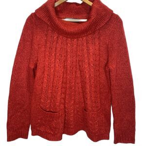 GNU Sweater Cable Knit Cowl Neck Long Sleeve Pockets Acrylic Womens M Red